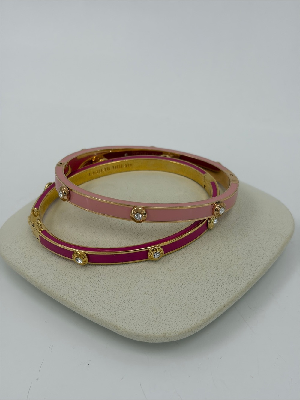 Gold Plated Pink and Fuchsia Enamel Bangle Set with Crystal Accents